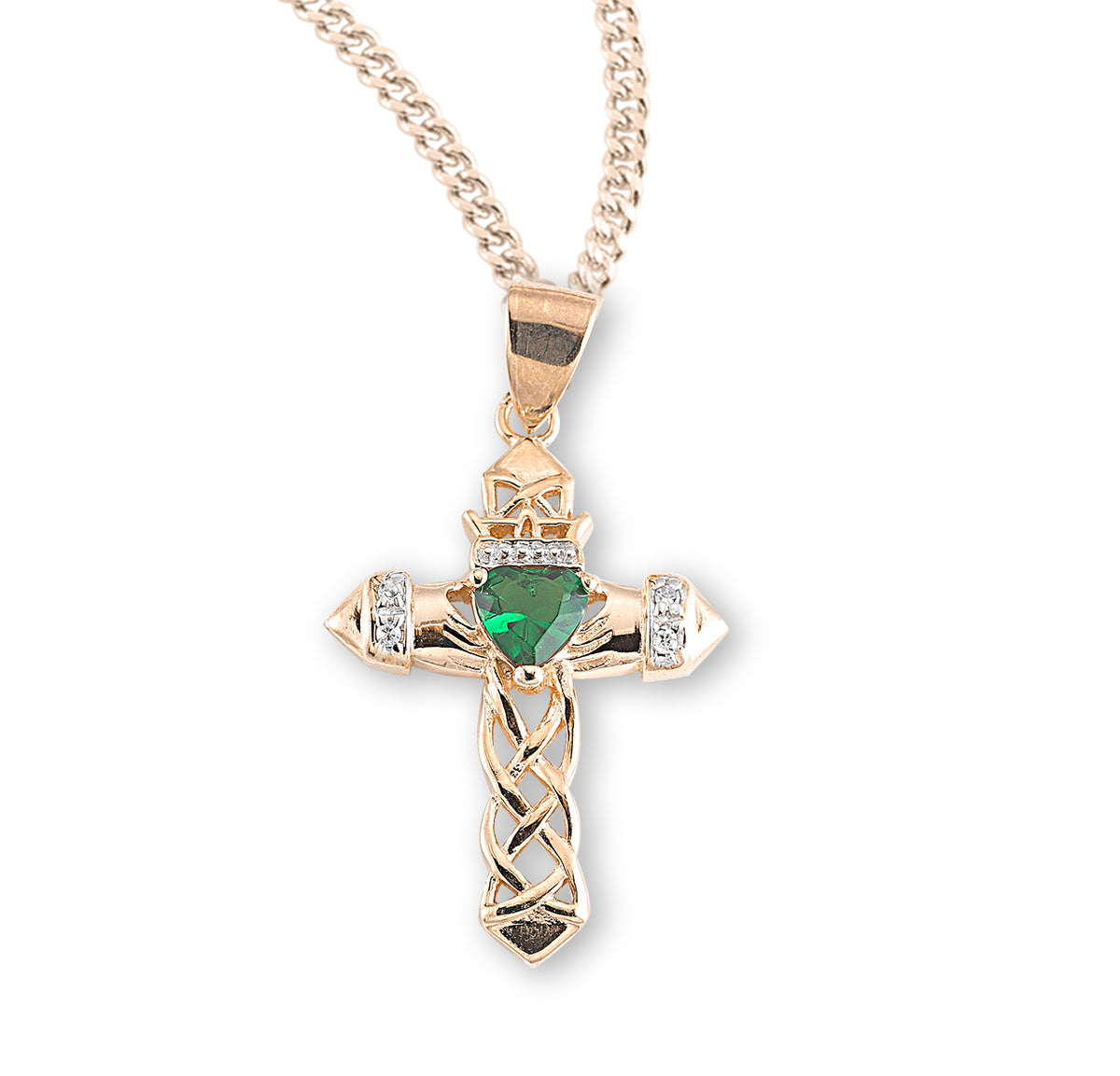 Cross Necklace with Emerald Cubic Zirconia, Gold Over Sterling Silver