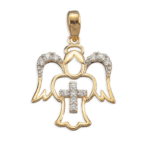 Guardian Angel Cross Necklace with Cubic Zirconia Accents, Gold Over Sterling Silver