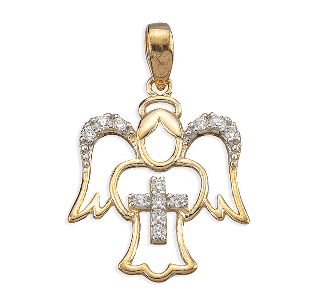 Guardian Angel Cross Necklace with Cubic Zirconia Accents, Gold Over Sterling Silver