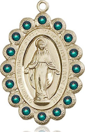Green Crystal Stone Border Miraculous Medal Necklace