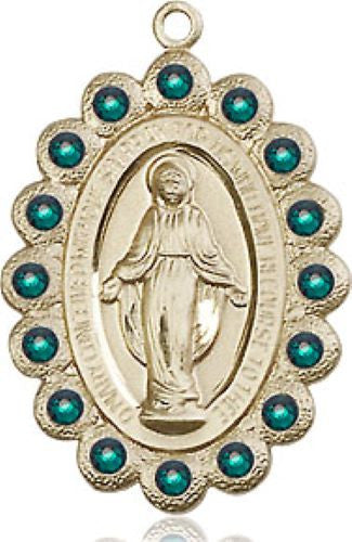 Green Crystal Stone Border Miraculous Medal Necklace