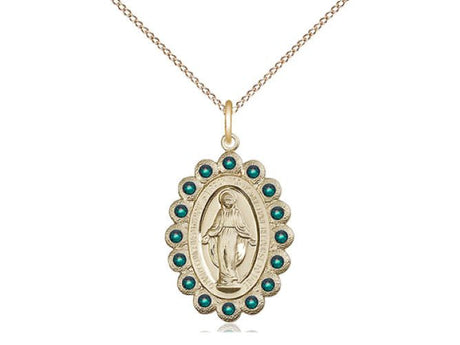Green Crystal Stone Border Miraculous Medal Necklace