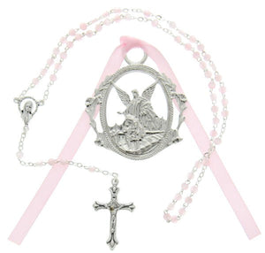 Guardian Angel Crib Medal with Baby Rosary Set - Girl