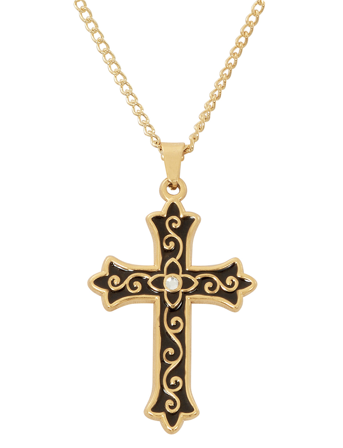Gold Plated Black Enamel and Crystal Cross Necklace
