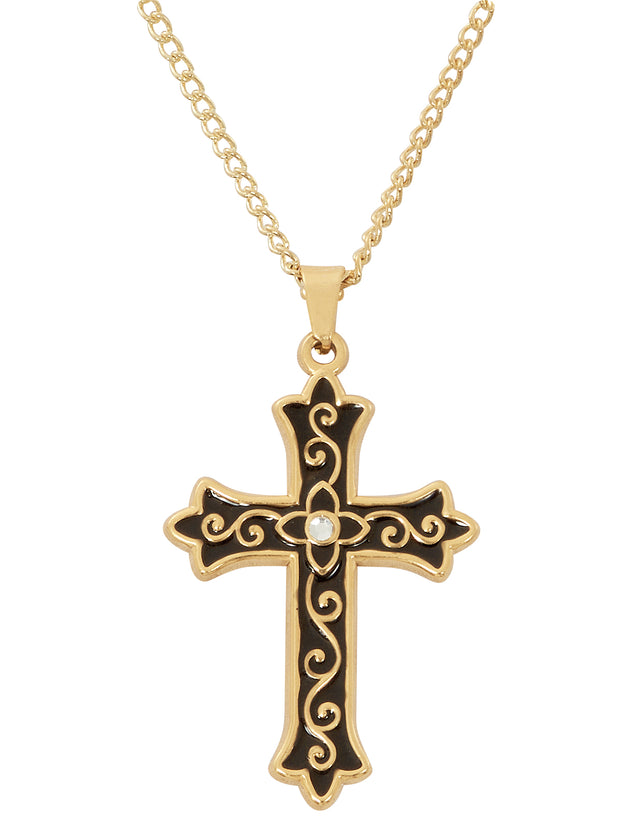 Gold Plated Black Enamel and Crystal Cross Necklace