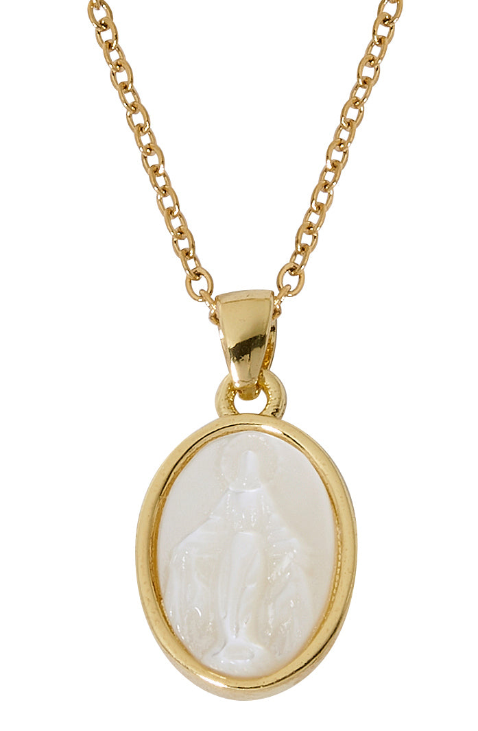 Gold Plated Mother of Pearl Miraculous Medal Necklace