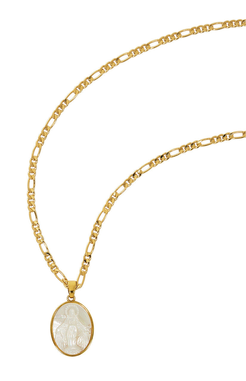 Mother of Pearl Miraculous Medal Necklace on 20" Figaro Chain