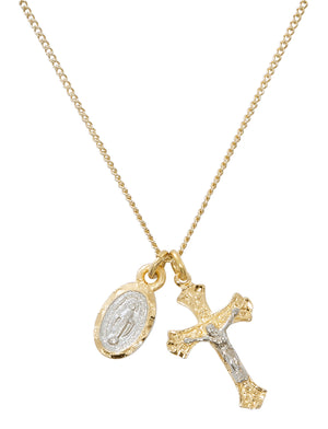 Gold Tone Miraculous Medal and Crucifix Necklace