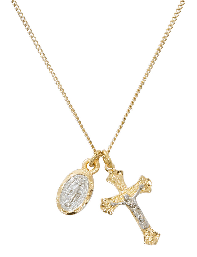 Gold Tone Miraculous Medal and Crucifix Necklace
