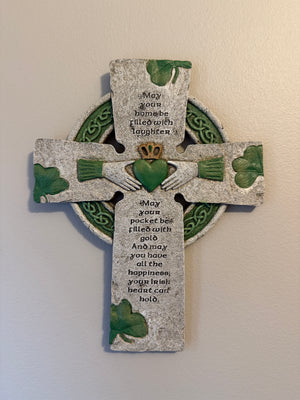 Irish Celtic Cross with Claddagh & Shamrocks – Stone Resin Wall Cross