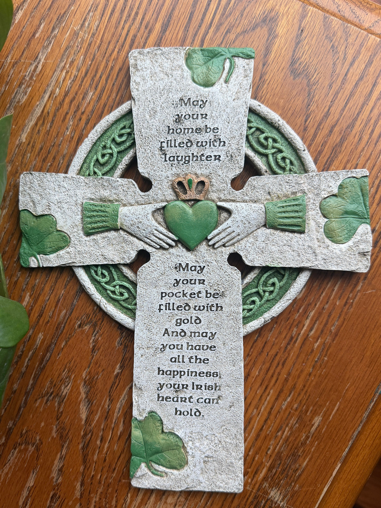 Irish Celtic Cross with Claddagh & Shamrocks – Stone Resin Wall Cross