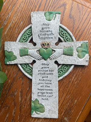 Irish Celtic Cross with Claddagh & Shamrocks – Stone Resin Wall Cross