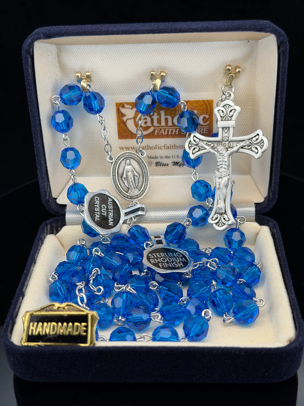 Capri Blue Austrian Crystal Rosary, Sterling Silver, 8mm