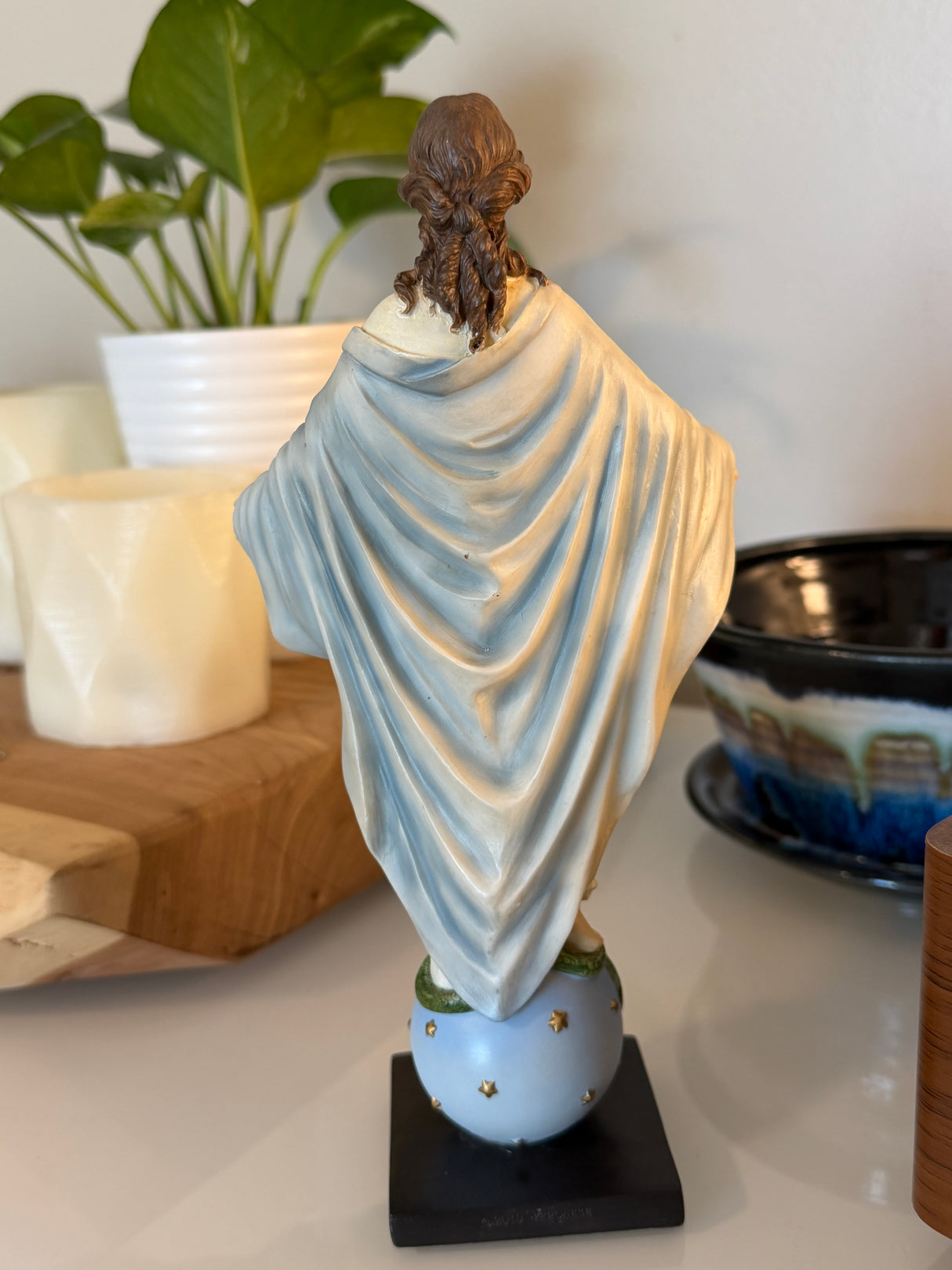 Our lady of the smiles statue full color back view
