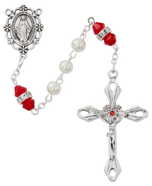 July Birthstone Rosary Ruby Pearl Glass