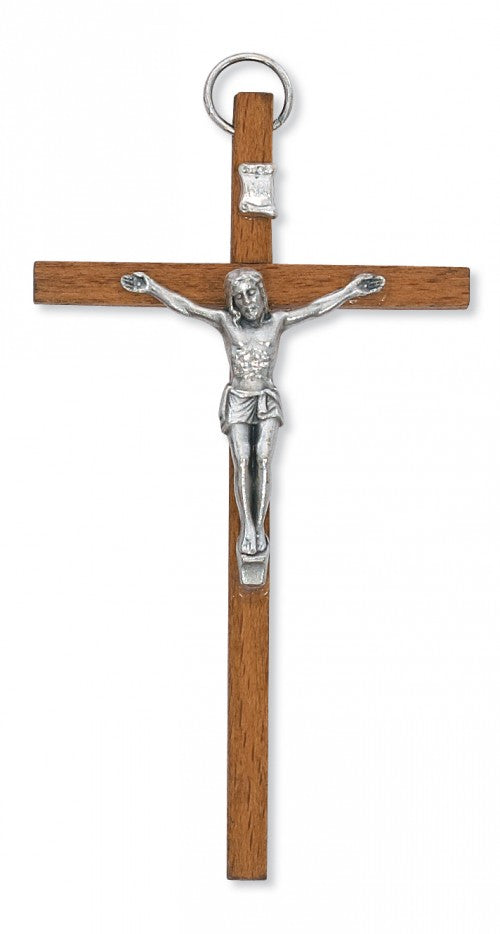 Light Brown Wood Crucifix with Metal Corpus - 4'H