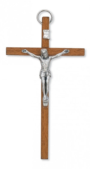 Light Brown Wood Crucifix with Metal Corpus - 4'H
