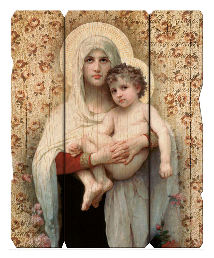 Madonna of the Roses Distressed Wood Wall Plaque