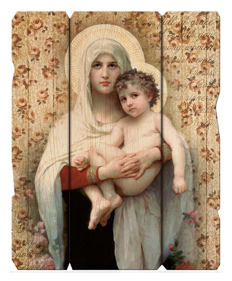Madonna of the Roses Distressed Wood Wall Plaque