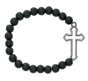 Black Matte Bead and Cut Out Cross Stretch Bracelet for Men