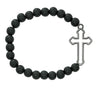 Black Matte Bead and Cut Out Cross Stretch Bracelet for Men