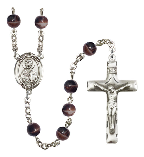 St. Timothy silver plated men's rosary with brown tiger's eye beads
