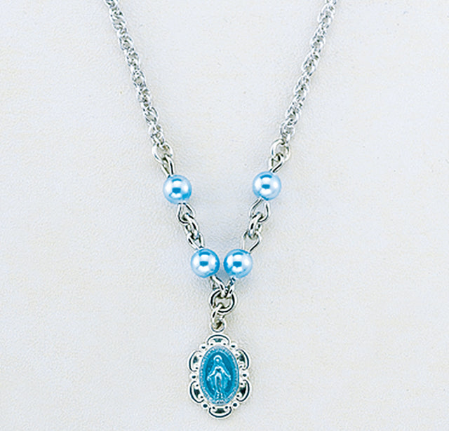 Blue Enameled Miraculous Medal Necklace with Blue Swarovski Crystal Pearls, Sterling Silver