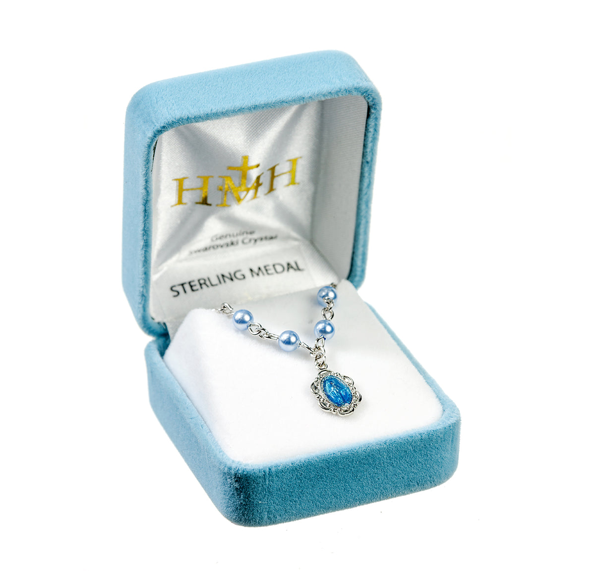 Blue Enameled Miraculous Medal Necklace with Blue Swarovski Crystal Pearls, Sterling Silver