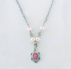 Miraculous Medal Necklace with Pink Swarovski Crystal Pearls, Sterling Silver