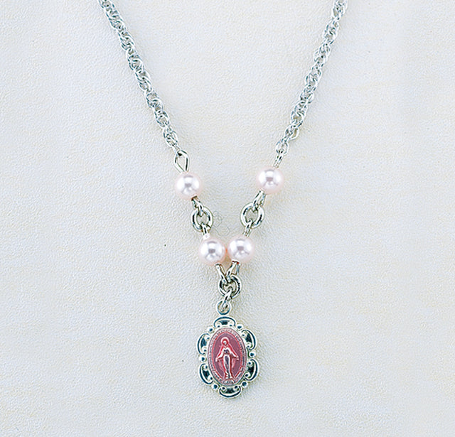 Miraculous Medal Necklace with Pink Swarovski Crystal Pearls, Sterling Silver