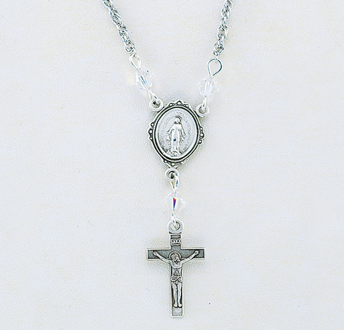 Miraculous Medal Necklace with Aurora Borealis Swarovski Crystals, Sterling Silver