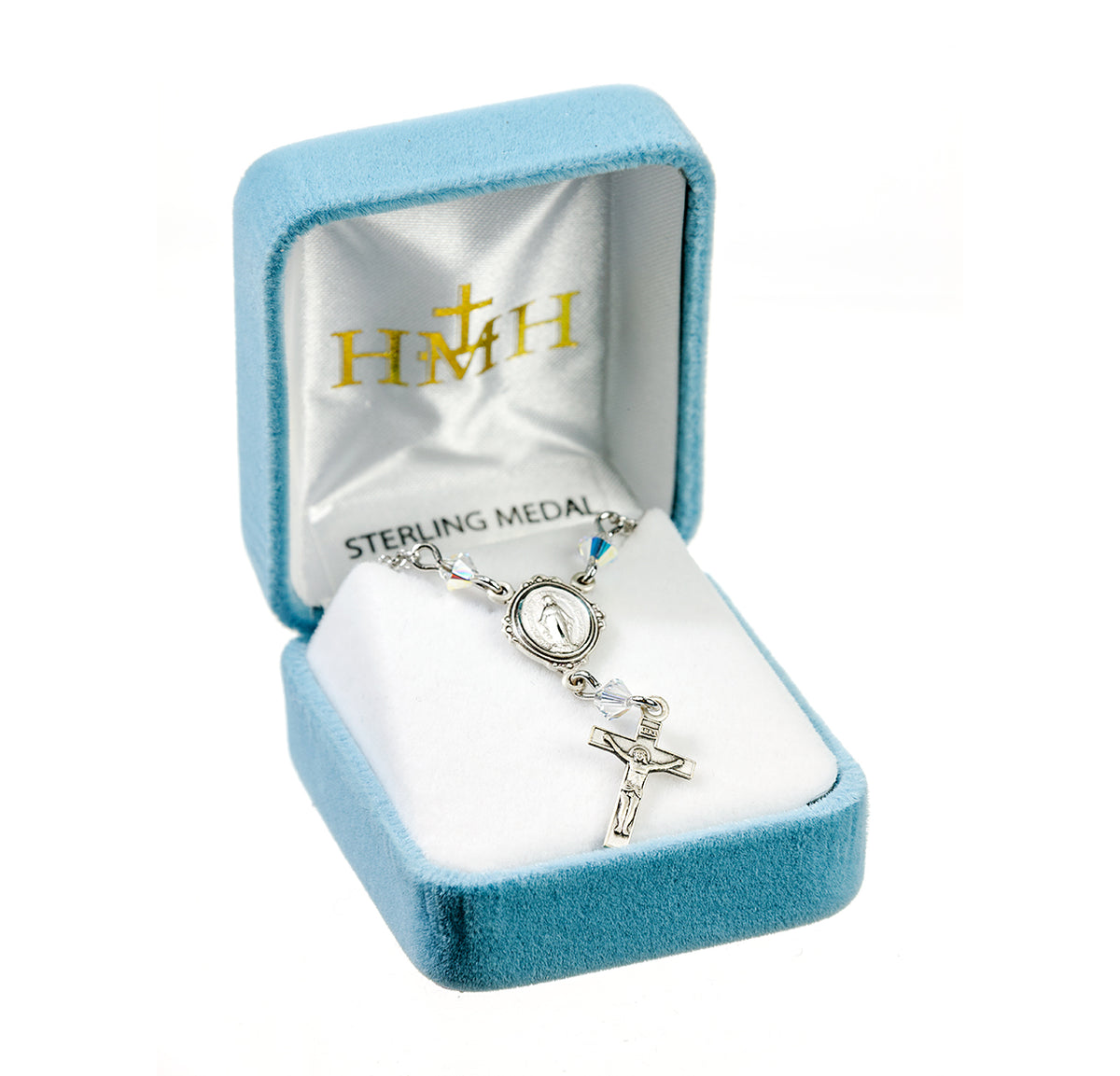 Miraculous Medal Necklace with Aurora Borealis Swarovski Crystals, Sterling Silver