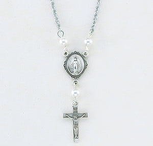Miraculous Medal Necklace with White Swarovski Crystal Pearls, Sterling Silver