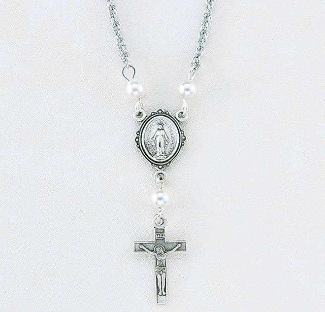 Miraculous Medal Necklace with White Swarovski Crystal Pearls, Sterling Silver