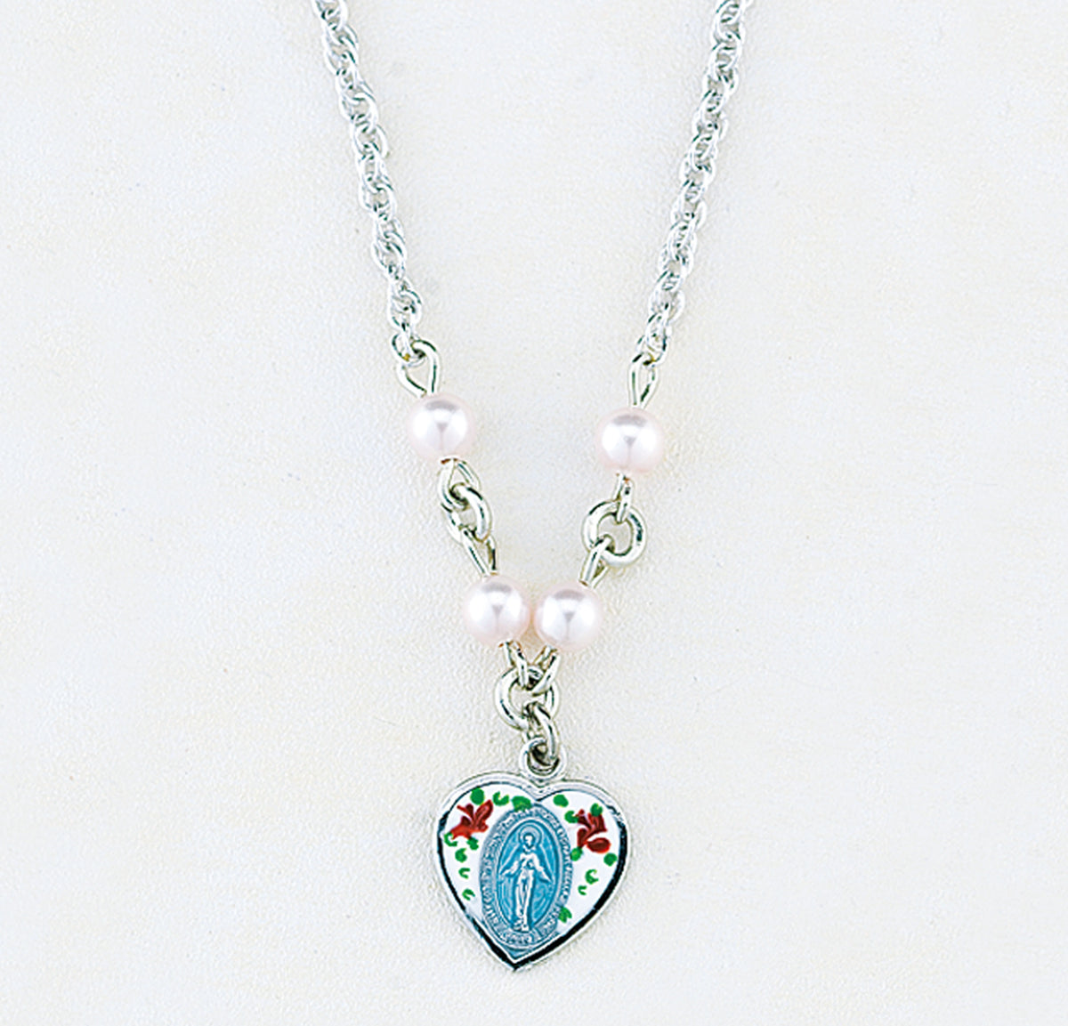 Pink Enameled Miraculous Medal Necklace with Pink Swarovski Crystal Pearls, Sterling Silver
