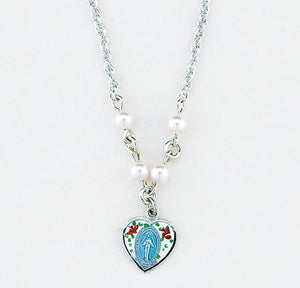 Pink Enameled Miraculous Medal Necklace with Pink Swarovski Crystal Pearls, Sterling Silver