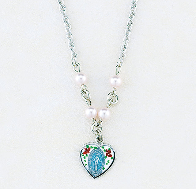 Pink Enameled Miraculous Medal Necklace with Pink Swarovski Crystal Pearls, Sterling Silver