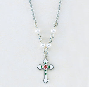 Enameled Cross Necklace with White Swarovski Crystal Pearls, Sterling Silver