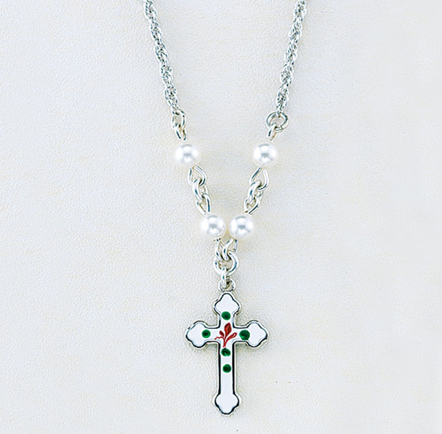 Enameled Cross Necklace with White Swarovski Crystal Pearls, Sterling Silver