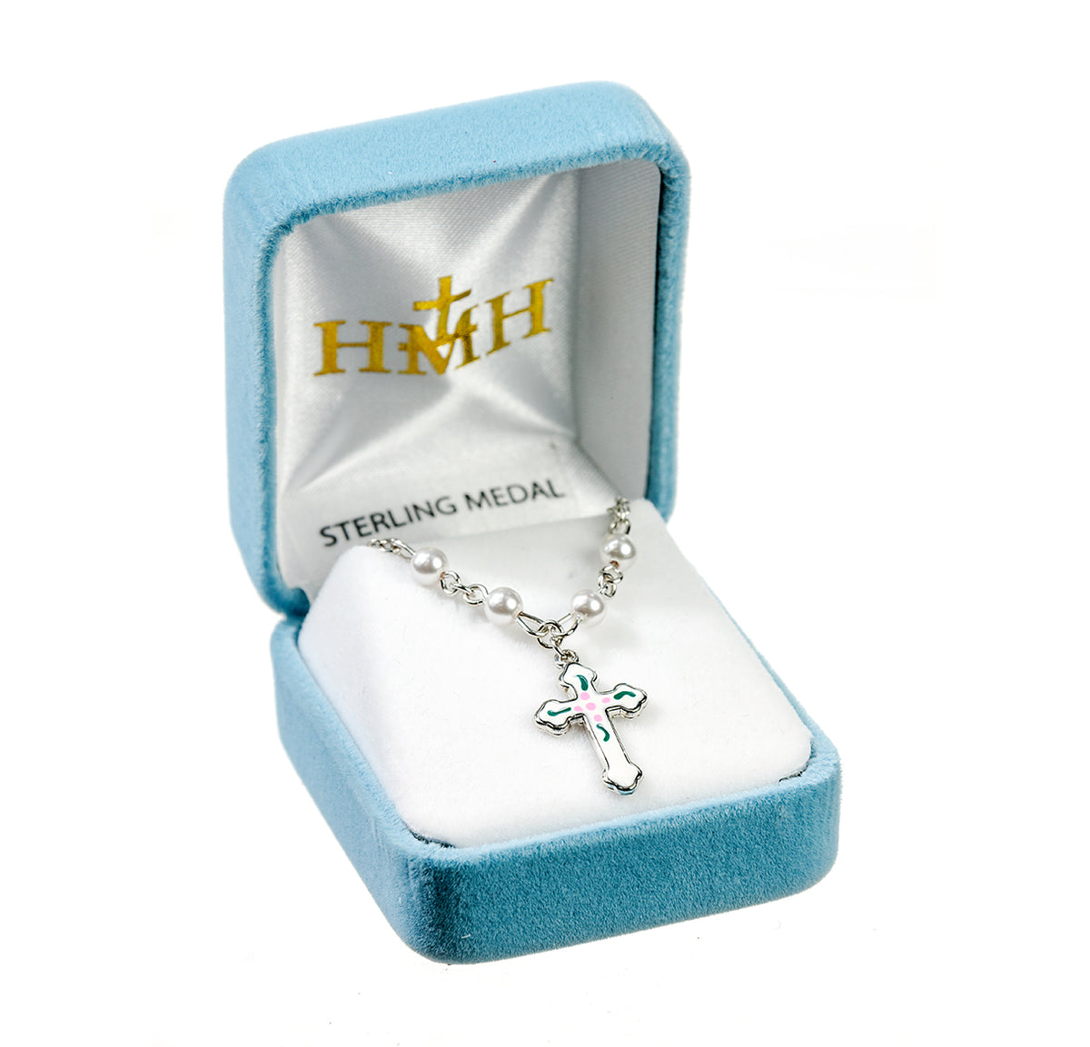 Enameled Cross Necklace with White Swarovski Crystal Pearls, Sterling Silver