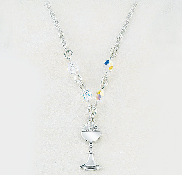 Chalice Necklace with Aurora Borealis Swarovski Crystals, Sterling Silver