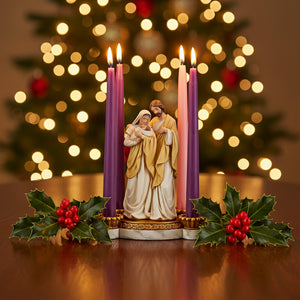 Holy Family Advent Candleholder – Nativity Christmas Centerpiece | Resin | 6" W x 9" H x 3.5" D