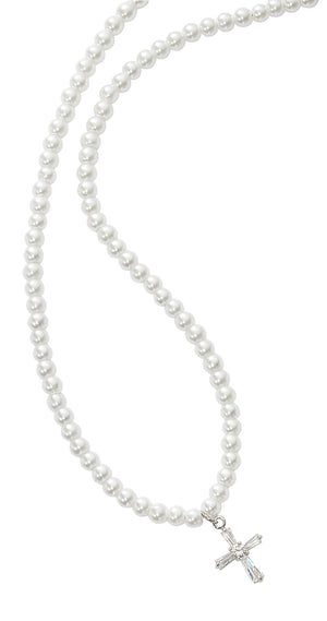 Girls Pearl Stretch Necklace with Crystal Cross