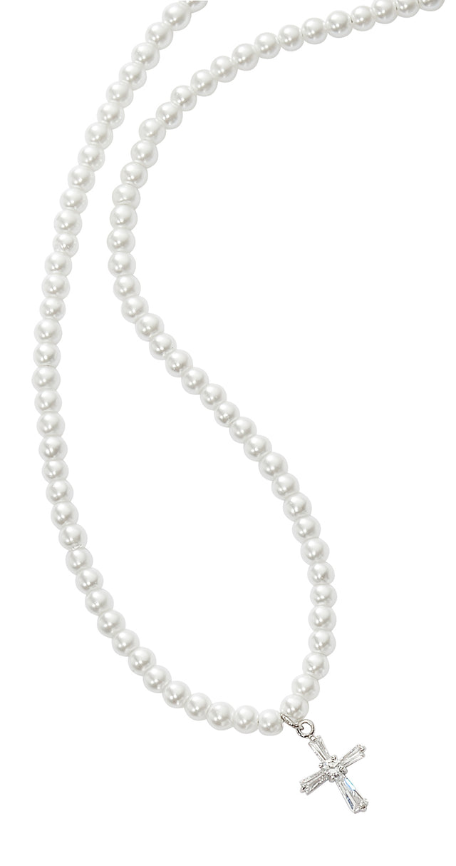 Girls Pearl Stretch Necklace with Crystal Cross