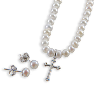 Girls Freshwater Pearl Cross Necklace and Earring Set