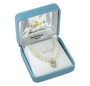 Girls Freshwater Pearl Miraculous Heart Necklace and Earring Set