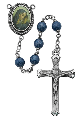 Our Lady of Sorrows blue bead rosary with pewter crucifix