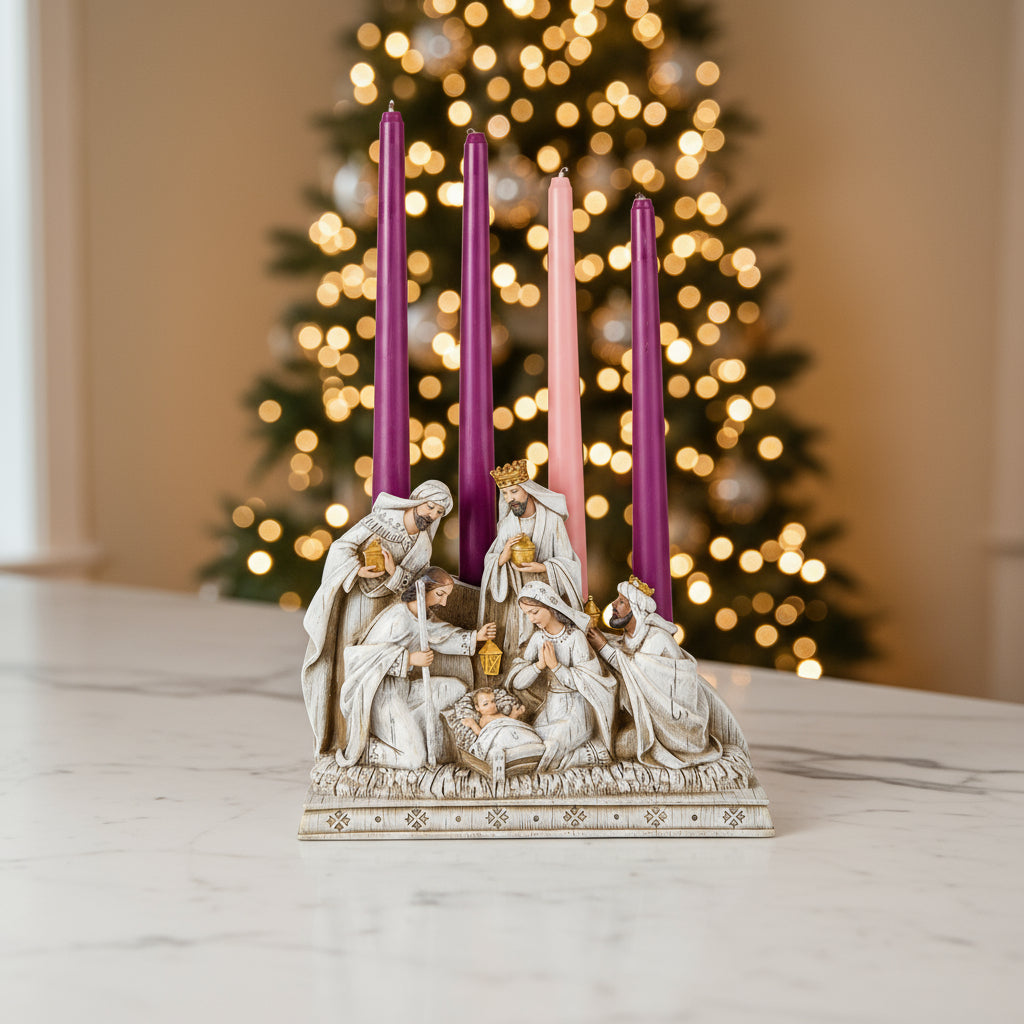 Nativity Advent Candle Holder – Holy Family & Wise Men Scene | Resin | 10" W x 8" H x 3.75" D | Christmas Centerpiece