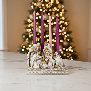 Nativity Advent Candle Holder – Holy Family & Wise Men Scene | Resin | 10" W x 8" H x 3.75" D | Christmas Centerpiece