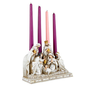 Nativity Advent Candle Holder – Holy Family & Wise Men Scene | Resin | 10" W x 8" H x 3.75" D | Christmas Centerpiece